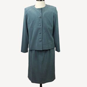 Vintage Leslie Fay Womens Faux Suede Jacket Skirt Suit Set Blue Office Size 16